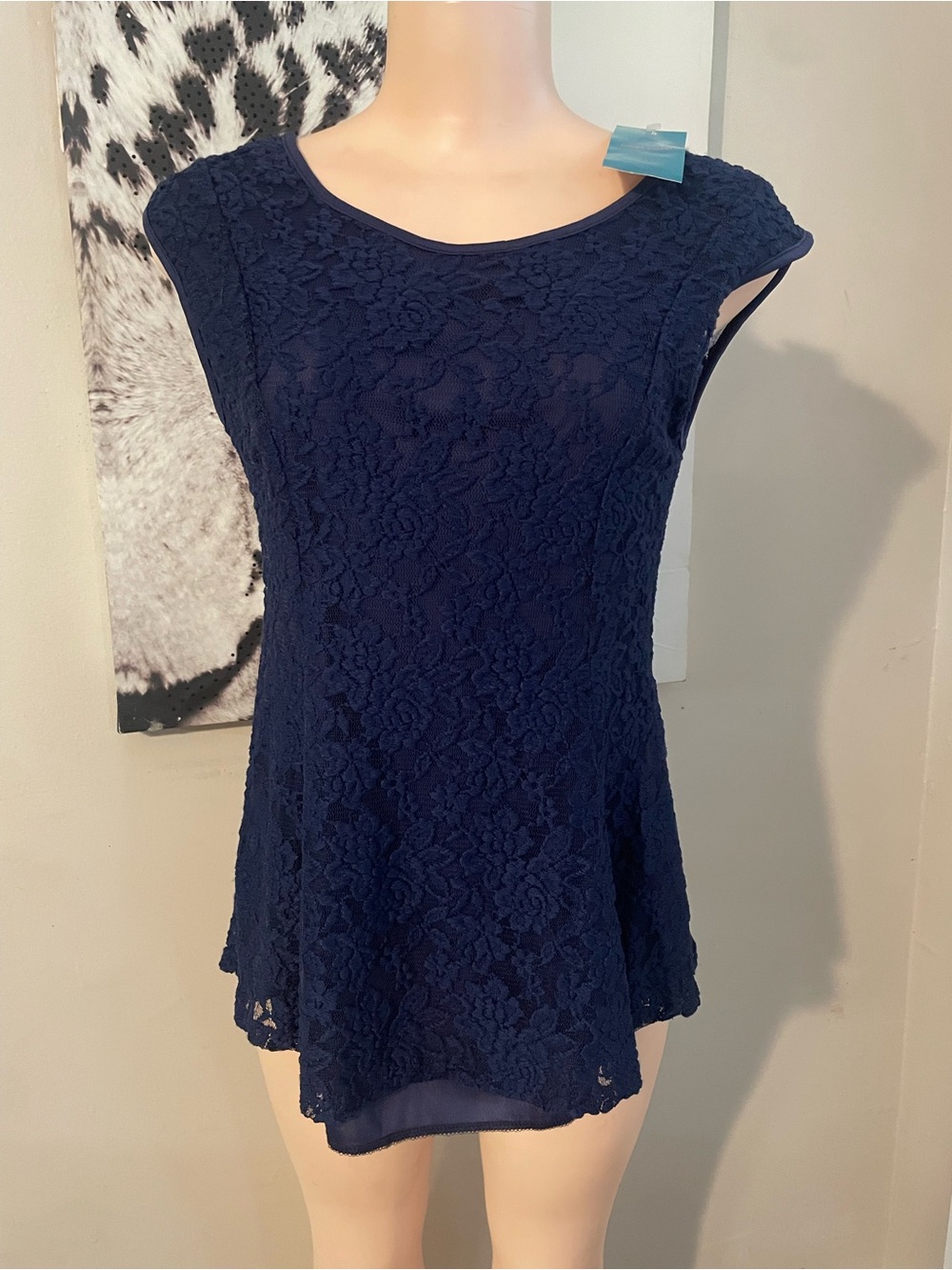 Navy Blue Lace Overlay Cap Sleeve Top sheer back open detail lace cricket bow XL